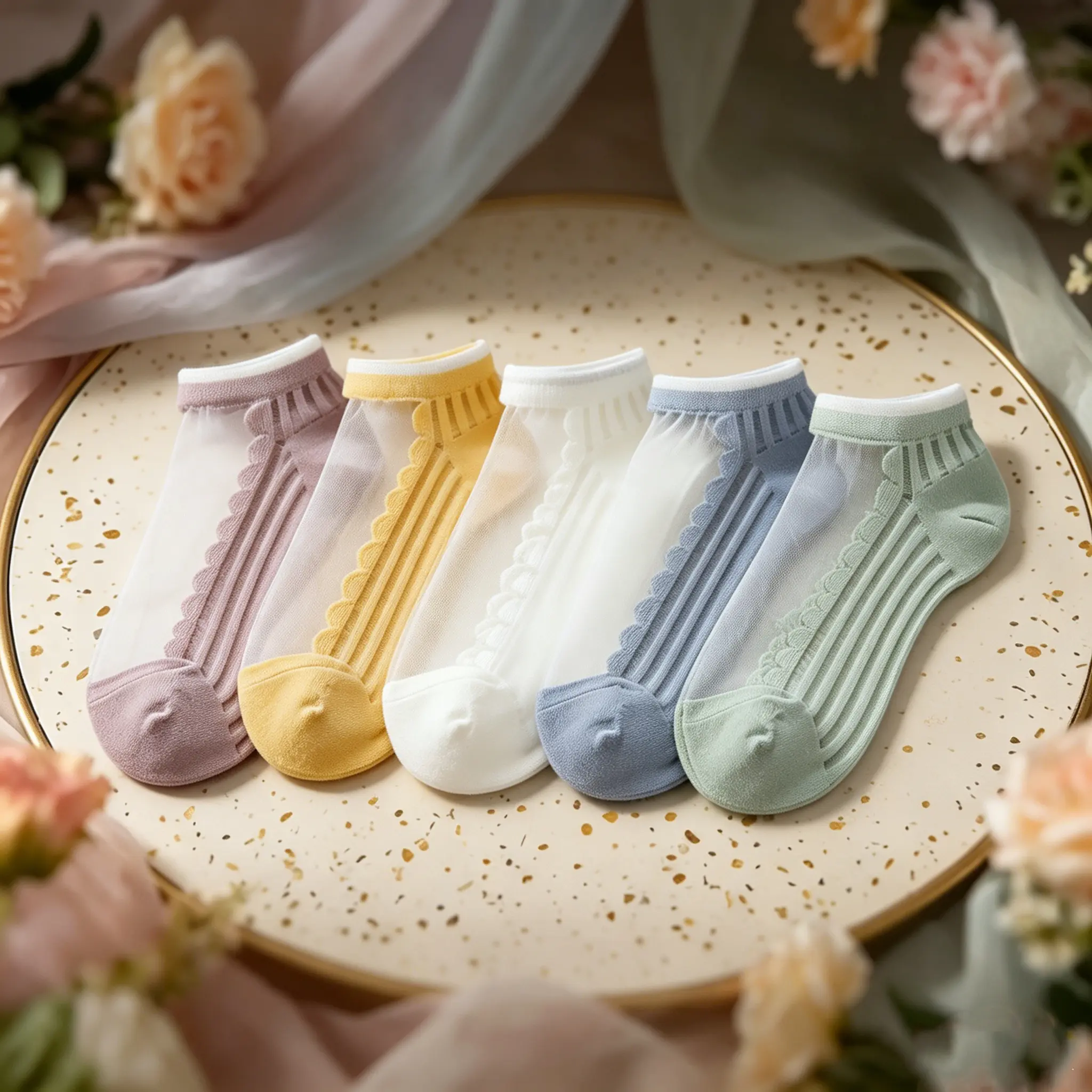 5 Pack Ladies Lightweight See Through Low Cut Socks Soft Scalloped Edge Breathable Crystal Socks For Daily Outfit socks women