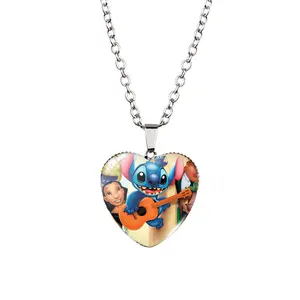 Disney Stitch Heart Necklace Adorable Stitch Playing Guitar Design on Heart Pendant Chain Jewelry for Fans