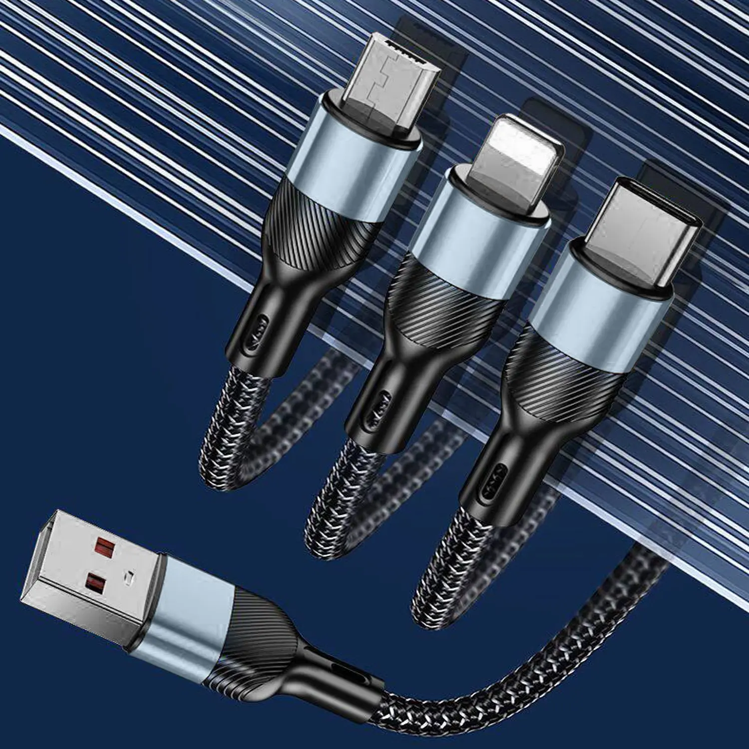 Three-in-One Fast Charging Cable, Fast Charging Cords, supports simultaneous charging for multiple devices, USB to Type-C + Lightning + Micro, 65W fast charging, compatible with Apple/Android/TYPE-C interface devices, suitable for office/vehicle use