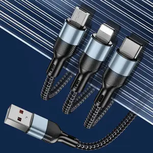 Three-in-One Rapid Charging Cable, Multifunctional Charging Cable, USB TO Type-C + Lightning + Micro, USB Fast Charge, 65W Intelligent Fast Charging, Compatible with multiple devices for simultaneous charging, Suitable for office/home/vehicle use