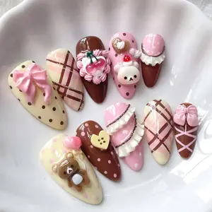 3D Neapolitan Press On Nails: Handmade Dessert Cherry Bear Bow Nail Art