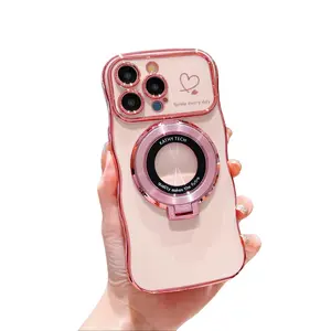 Minimalist Electroplated Double Heart Wave Phone Case for Apple 17Promax CD Pattern Magnifying Glass 16Pro/15/14 Full Protection Anti-Drop Cover