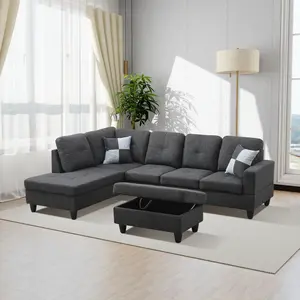 Black & Grey Linen 3-Piece Sofa Set - Sleek Modern Couch for Living Room & Apartment