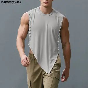 INCERUN Men's Fashionable Street-Style Vintage Sleeveless Vest with Metal Button Design, Suitable for Parties and Daily Wear