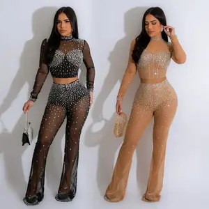 European and American Fashion Women's Solid Color Mesh Rhinestone Long Sleeve Long Pants Two-Piece Set