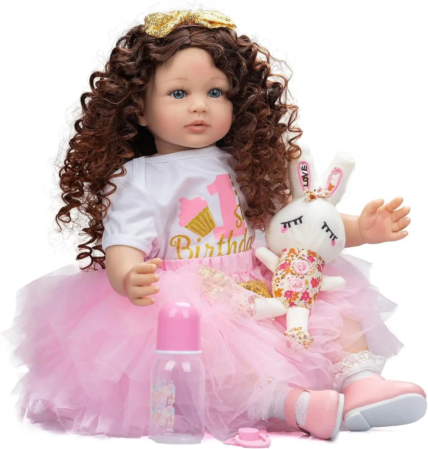 Realistic Reborn Toddler Baby Dolls Girl 24 Inch Newborn Baby Doll Long Curly Hair Soft Cloth Body Adorable Lifelike Toddler Dolls with Beautiful Princess Dress