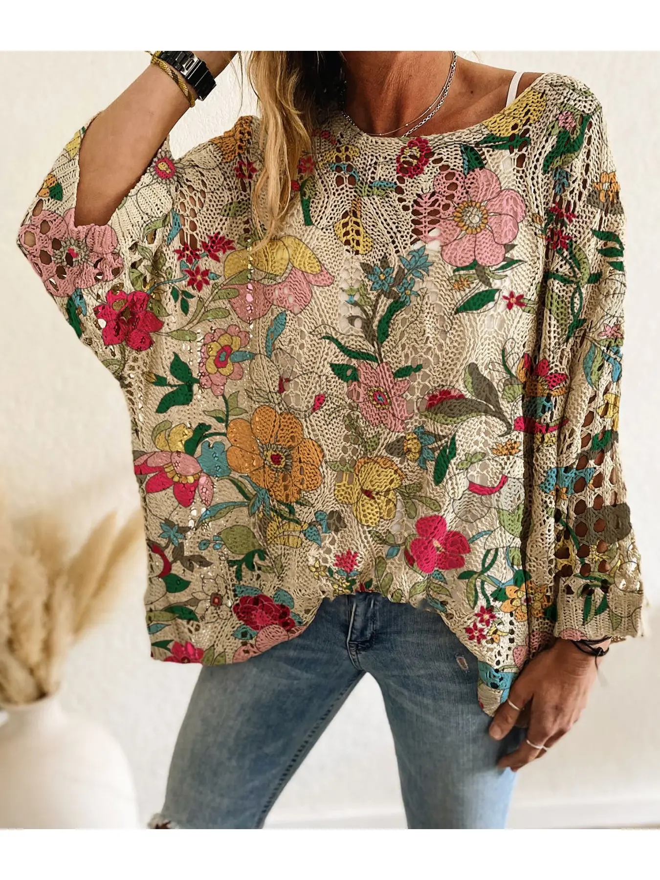 Spring/Summer style, Womenswear, boat neck with diamond cutout, batwing drop shoulder, loose fit, Baggy, Oversized long-sleeve women's knitted top with contrast color floral print, Vacation style, casual for daily commute