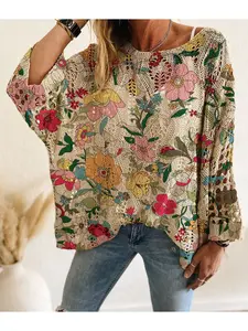 Spring/Summer style, boat neck with diamond cutout, batwing drop shoulder, loose fit, Oversize, long-sleeve women's knitted top with contrast color floral print, Vacation style, casual for daily commute, Can be used as a ladies vest cover-up