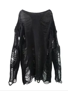 Women's Plain Ripped Drop Shoulder Sweater Fit, Casual Long Sleeve Boat Neck Jumper for Fall & Winter, Fashion Ladies' Knitwear for Daily Wear