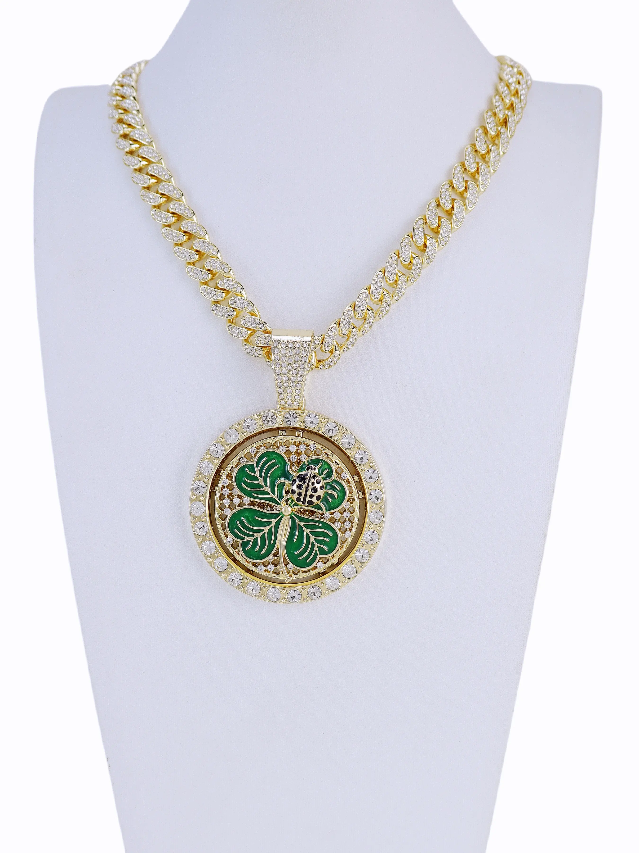 14K gold-plated iced-out Cuban chain pendant necklace, Cuban link necklace, Cuban Style Chain, featuring a rotating dollar sign, four-leaf clover, and lucky 777 design, inlaid with CZ stones, and diamond details, Unisex sparkling jewelry, couple's jewelry