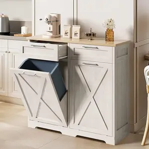 DWVO Double 10 Gallon Tilt Out Trash Bin Cabinet with 2 Drawers, Wooden Trash Can Kitchen Island with Garbage Bin Laundry Hamper for Kitchen, 39.4” W x 14” D x 36.8” H, Off White