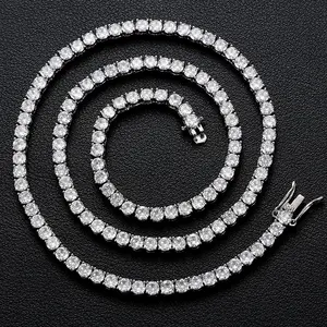【#N11  live2】3mm Four Prong Inlaid Shiny Synthetic Moissanite Tennis Chain 925 Sterling Silver Necklace Unisex Hip Hop Rap Trend Gift Party
