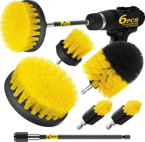 6Pack Drill Brush Power Scrubber Cleaning Brush Extended Long Attachment Set All Purpose Drill Scrub Brushes Kit for Grout, Floor, Tub, Bathroom and Kitchen Surface,Scratch Brushes（Yellow）