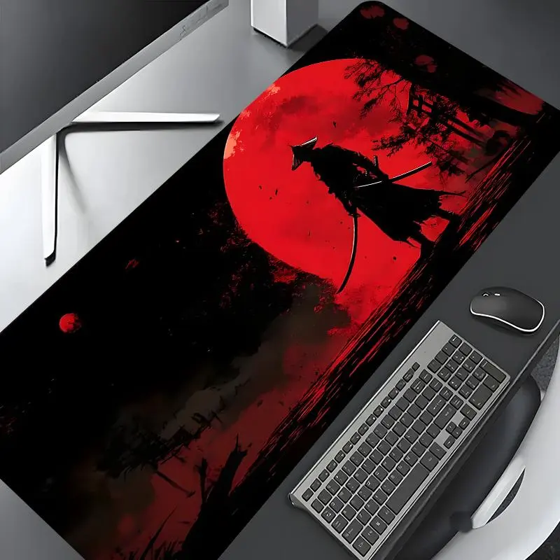 Samurai & Red Moon Pattern Mouse Pad, Rectangle Gaming Computer Mouse Pad, Non-slip Rubber Base Keyboard Mat for Home Office Desk Accessories, Made for Gaming