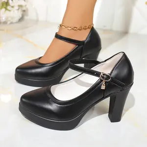 Black leather thick sole thick heel retro elegant high heels outdoorfun Stiletto Heeled Pumps
