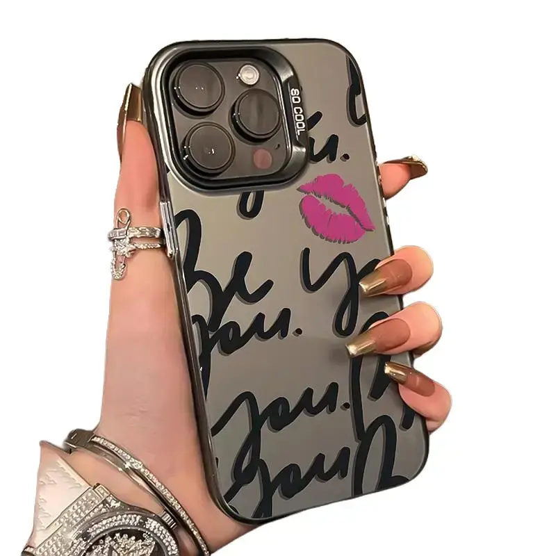 A Phone Case Featuring Graffiti, Uniquely Designed with English Text And a Lip Print Electroplating Design, Compatible with Various Apple Iphone Models Including The 17 16 15 14 13 12 11 PRO MAX PLUS,AIR and iPhone XR XS MAX 7 8Plus 1, And Several Others.