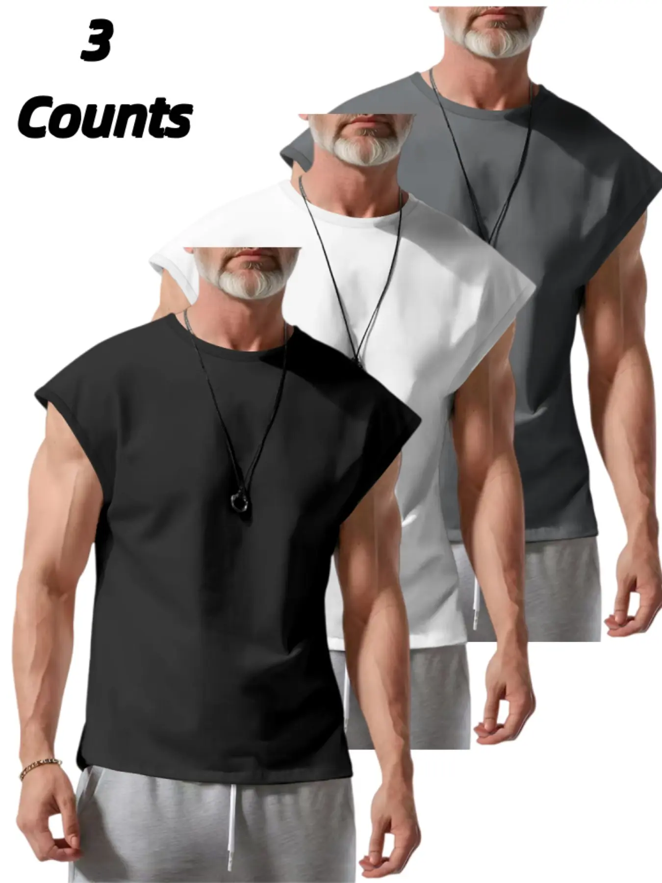 Men's 3 Pack Sleeveless T-Shirts, Round Neck Side Slit Casual Gym Tops, Lightweight Breathable Plain Muscle Shirts for Fitness, Training, Streetwear, Menswear, Casual Breathable Summer