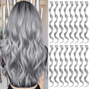 16 Pcs Colored Hair Extensions Curly Wavy Clip in Synthetic Hair Extensions,Sliver Gray Color Highlights Hairpiece Streak for Girls Women Cosplay Party Gift