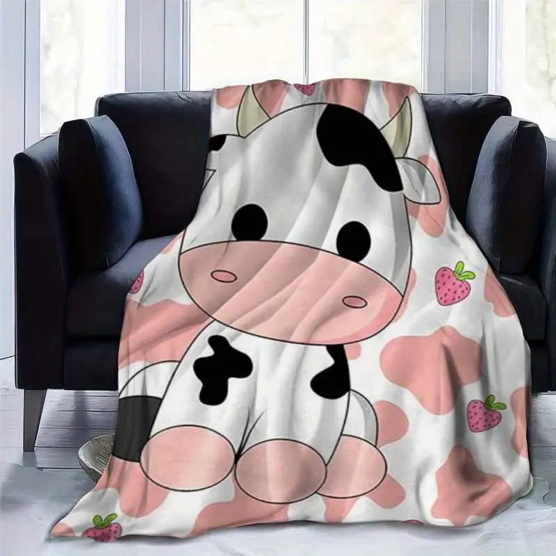 Pink Cow & Strawberry Print Flannel Throw Blanket - Multi-Size (100×130Cm(40×50Inch), 50×76cm/20×30inch, 80×120Cm(32×48Inch)) - Warm, Lightweight Festive Home Decor Gift for Family - Suitable for Sofa, Bedroom, 50X76cm(20×30Inch)