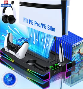 ESYWEN PS5 Stand Cooling Station for PS5/PS5 Slim Console, PS5 Accessories Vertical Stand with 2.36in Large P5 Fan Cooling Fan, Colorful Light, Dual Controller Charger, Headset Holder, 3 Charger Port-Black