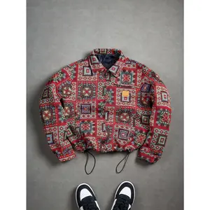 Bohemian Ethnic Geometric Coach Jacket | Vibrant Red Tapestry Zip-Up