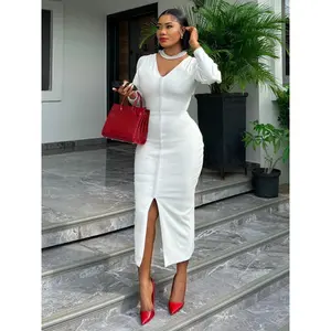 summer spring clothes Elegant Women's 2025 White Bubble Sleeves Beaded High Waist Maxi Bodycon Dress Sexy V-neck Party Evening Dresses Formal Womenswear