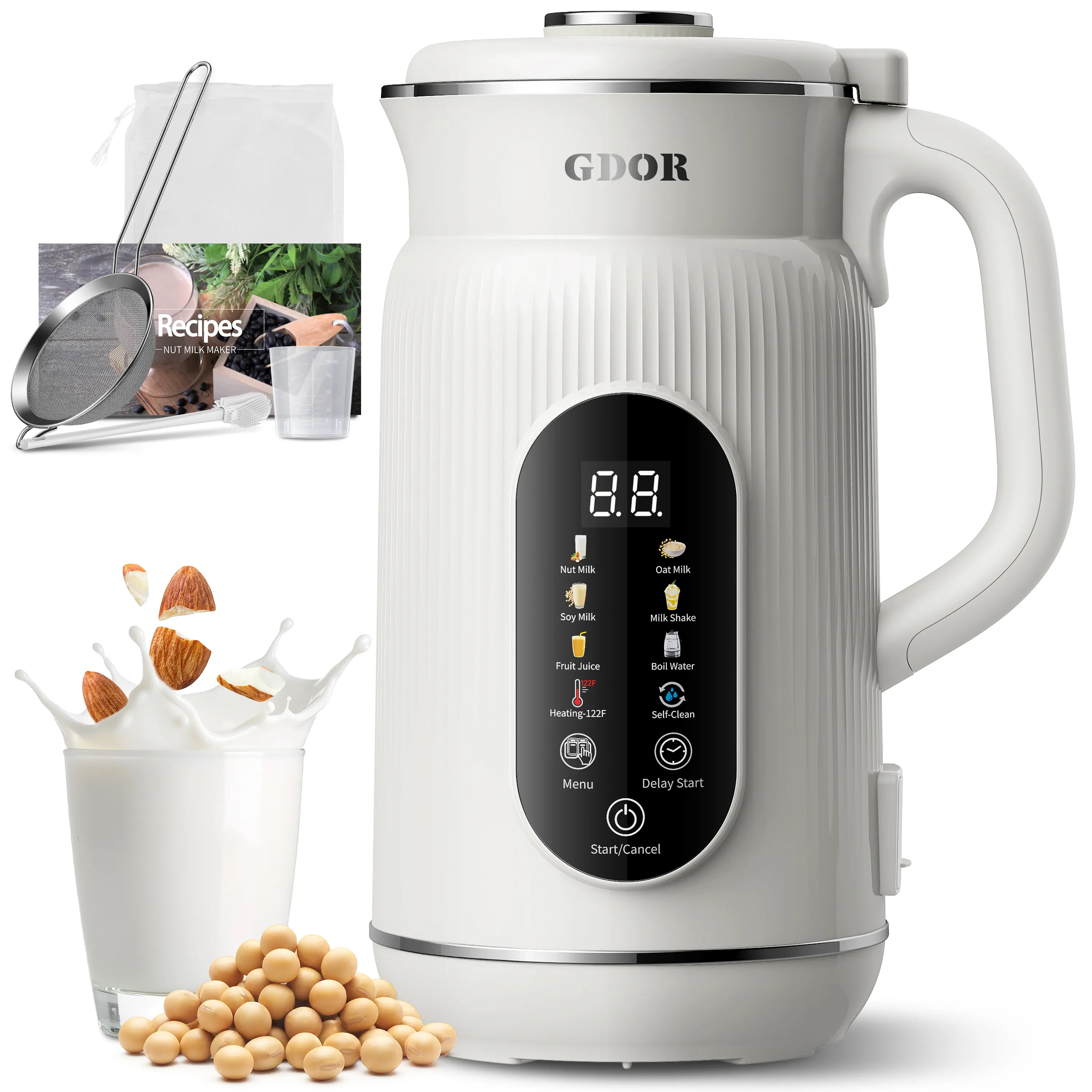 GDOR 42oz Multi-Function Nut Milk and Smoothie Maker, 9-in-1 Smart Plant Milk Blender, Suitable for Almond, Oat, Soy Milk, Juice, Touch Display with Keep Warm Function, 12 Hours Delay Start & Automatic Self-Cleaning