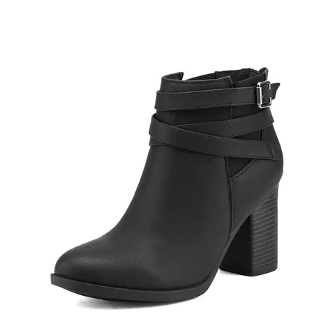 Dream Pairs Women's Shoes - Chic Classic Leather & Faux Leather Ankle Buckle Booties, Soft Closed-Toe Comfortable Heels, Approx. 3" Chunky Block Heel, Comfortable Fit, Shoes for Women
