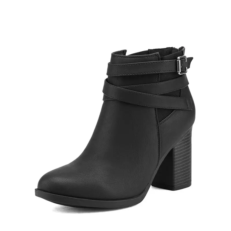 Dream Pairs Women's Classic PU Leather Ankle Boots, Closed Toe Booties with an approx. 3" Chunky Block Heel, Boot Heels, Comfortable Heels