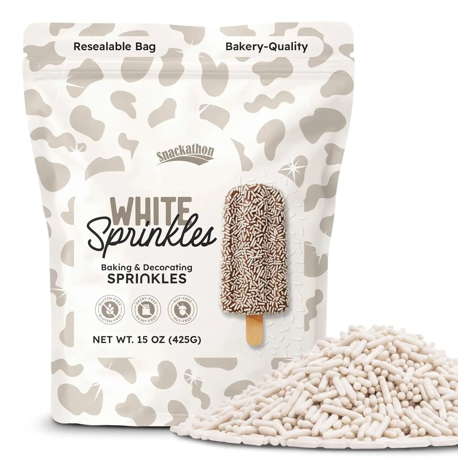 Snackathon White Sprinkles for Baking & Decorating, 15 oz Resealable Pouch, Gluten Free Sprinkles for Ice Cream Toppings, Cakes, Cupcakes & Desserts