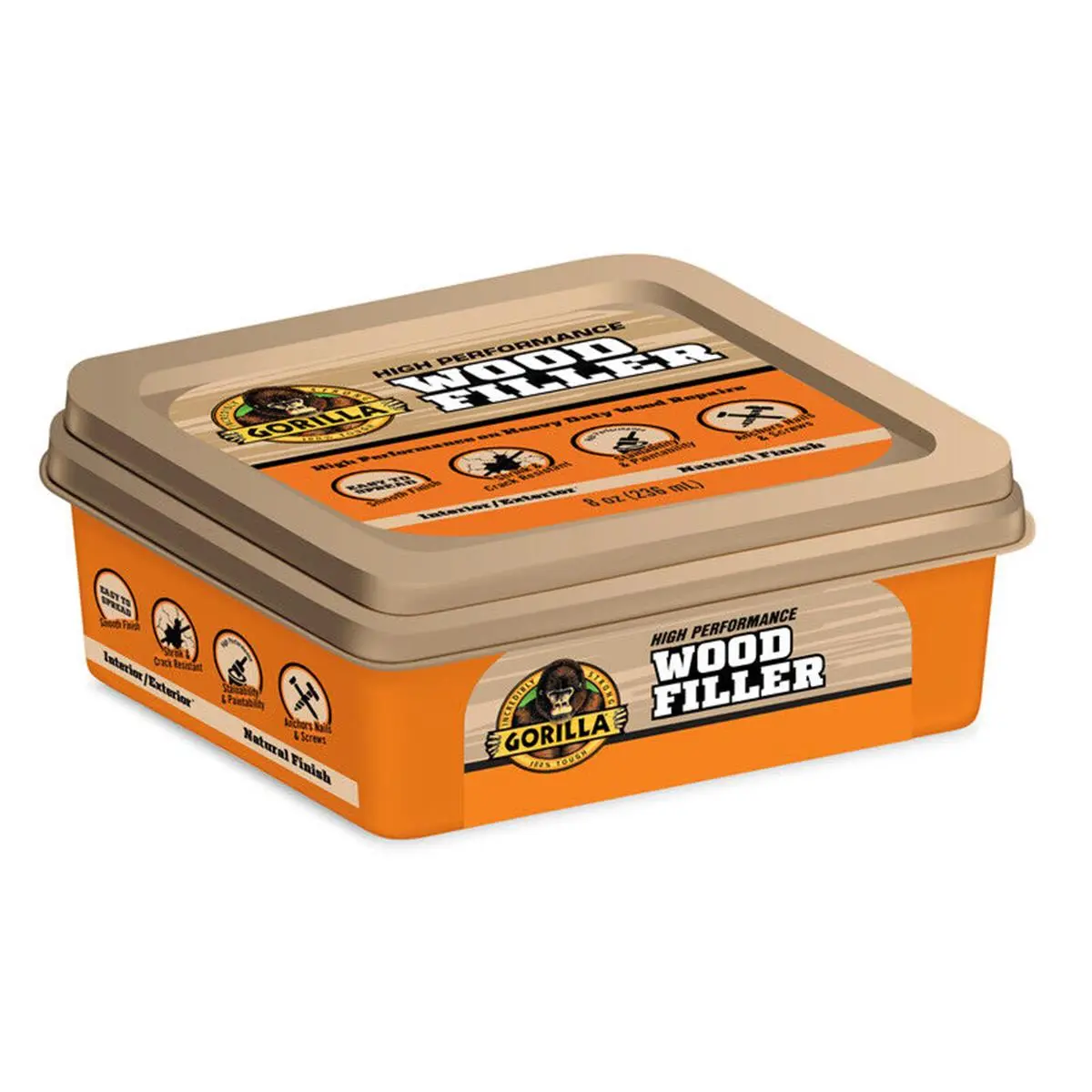 212 MAIN Gorilla All Purpose Natural Wood Filler (108572) - 8oz Container, Easy to Apply, Gouge Repair, Cracks, Holes, Sandable, Shrink-Resistant, High Performance Stainability