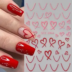 Square Press on Nails Medium -French Tip Press on Nails Red Heart Deign, Glossy Pink Fake Nails with Rhinestone Design, Reusable Artificial nails