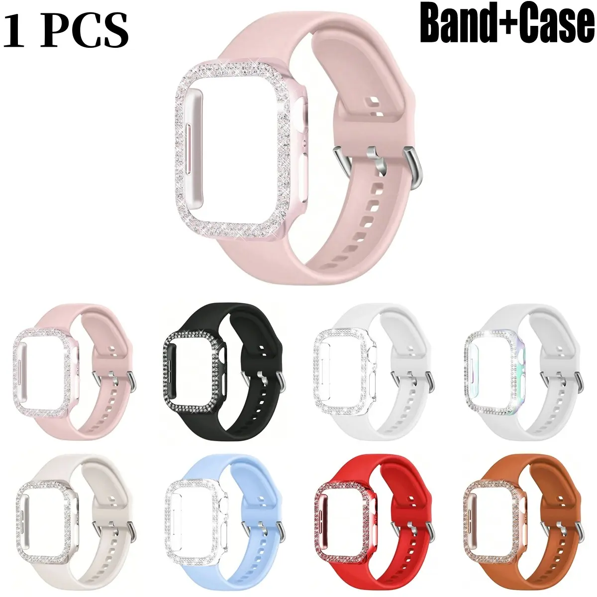 2 Counts/set Soft Silicone Sport Watch Strap and Rhinestone Protective Case, Smartwatch Accessories, Waterproof Adjustable Wristband and Anti-fall Protector for Apple Watch 38/40/41/42/44/45/46/49 mm, Compatible with Series 1–11, SE and Ultra