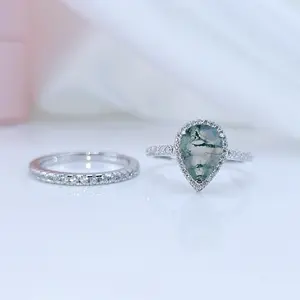 Halo Pear Cut Natural Moss Agate Wedding Ring Set