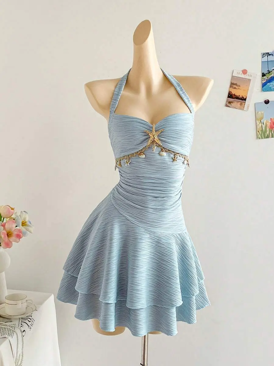 Light Blue,Summer,Tropical,Holiday,Vacation,Holiday Starfish Shell Decor Halter Tie Ruffle V-Neck Floral Metal Buckle Knit Bodycon Mini Dress Women