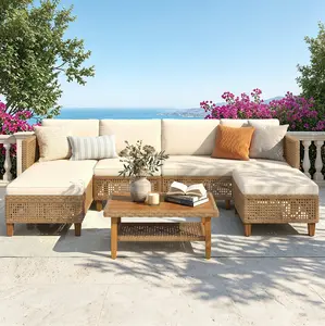 【1 or 2 Packages Shipping】Phivilla Boho Wicker Patio Furniture Sofa Set, 3/5 Seaters, Outdoor Rattan Sectional Sets Conversation Set - Weather-Resistant, with Dual Storage Coffee Table Acacia Wood Legs for Garden, Patio & Deck,SummerVibes