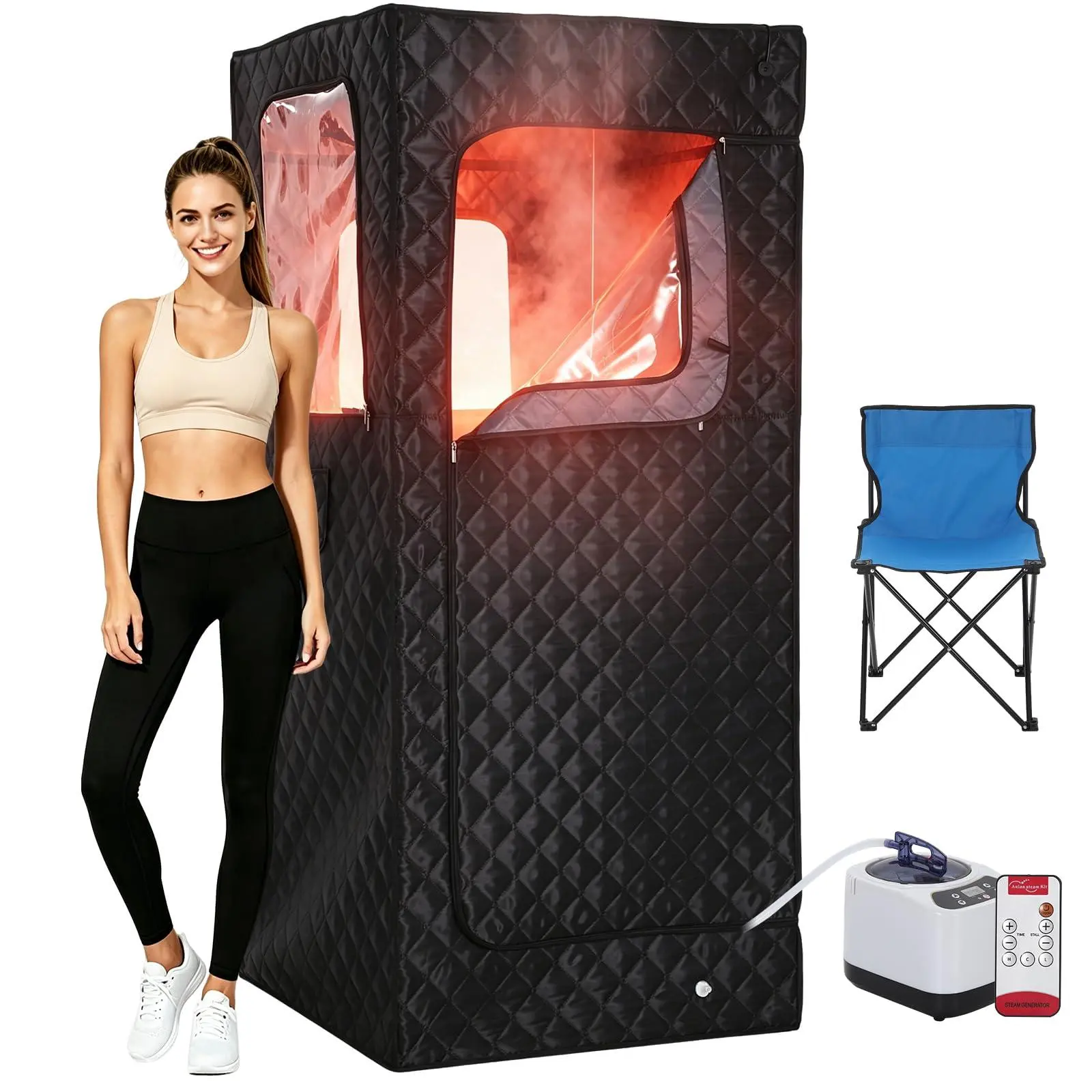 Portable Infrared Sauna Cabin - Single Seat Home Sauna with 3L 1200W Steamer, Foldable Chair, Remote Control, 9 Temp Levels, 99 Min Timer, 32x32x71", Black