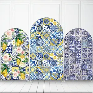 Mediterranean Lemon Blue Tiles Arch Backdrop Cover Spandex Fabric for Bridal Shower Baby Shower Birthday Party Decor Background Wedding Cake Portrait Photozone