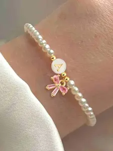 Round Letter Faux Pearl Bracelet, Retro Style Butterfly Knot Pendant, Sweet Vintage Design, All Seasons Jewelry for Women