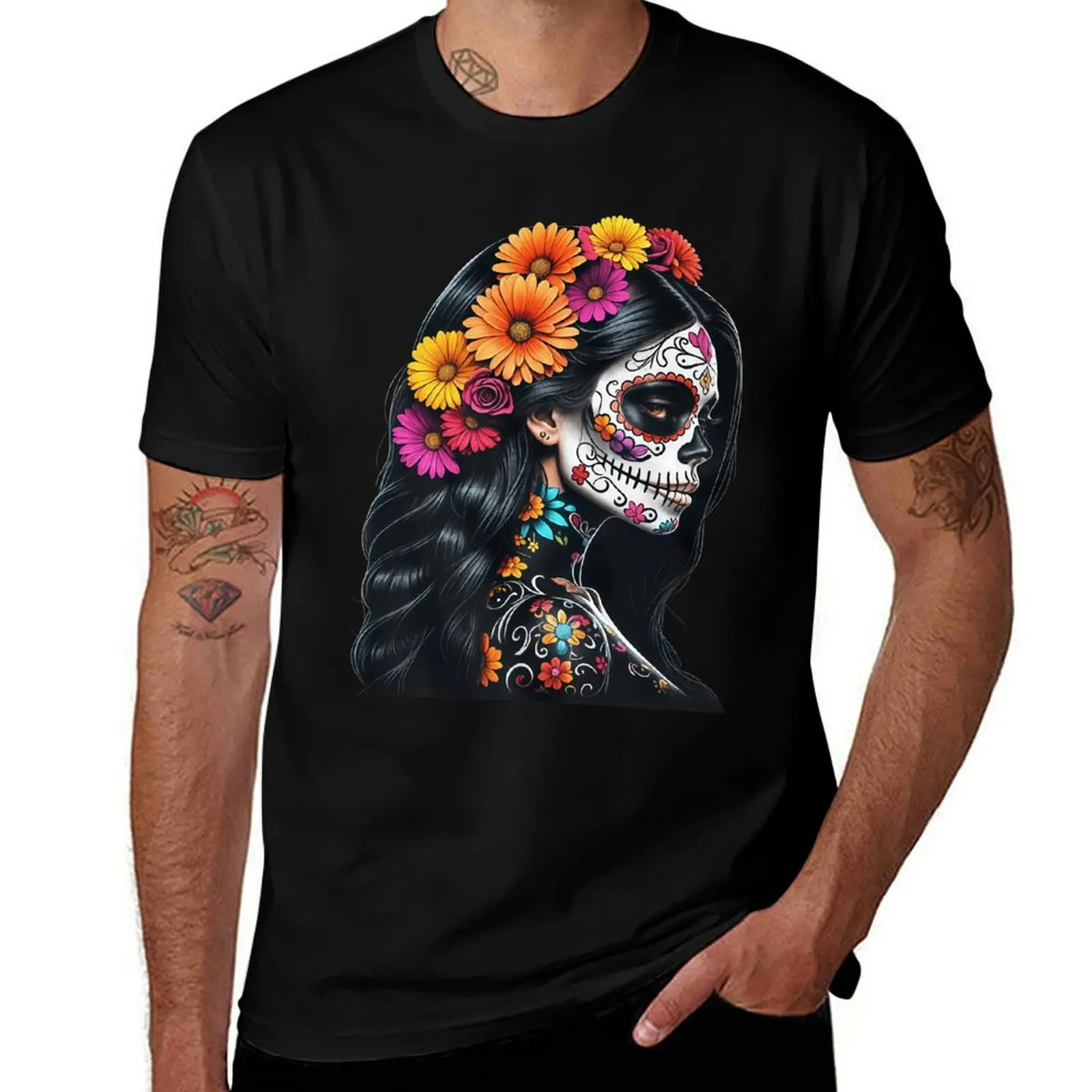 Women's Short-Sleeve Classic Vintage Alternative La Catrina Day of the Dead Sugar Skull Print Casual Streetwear Black Top - Unisex-Friendly Domestic Sports Blouse, Cargo Pants, Shortsleeve