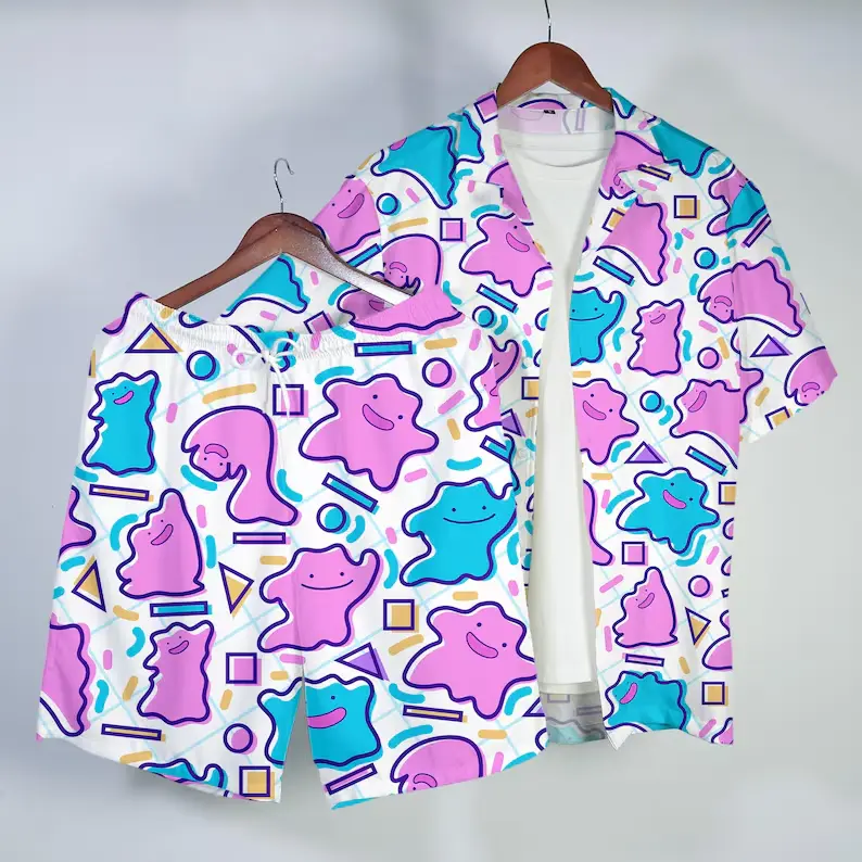 Ditto Hawaiian Shirt Tropical Button Up Shirt Cute Summer Beach Short Matching Set Unisex Outfit Ditto Shirt Gifts