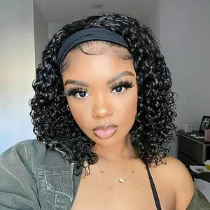 Bling Hair kinky Curly Headband Wig Human Hair 12inch None Lace Front Wigs Brazilian Virgin Hair Machine Made Wigs Glueless Deep Curly Wave Headband Half Wigs for Black Women Human Hair Natural Color