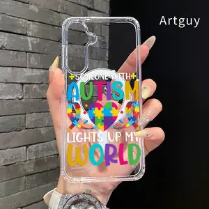 Magnetic Phone Case Supports Wireless Charging for  Samsung Galaxy S26 S23 Ultra S24 Plus FE S25 S22+ Autism Heart Puzzle Pattern Non-Yellowing Shockproof Soft Silicone Transparent Acrylic Large Hole Cover