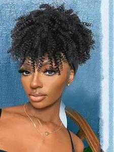 8 Inch Black Short Kinky Curly Afro Headband Wigs for Women, Gorgeous Fluffy Wigs with Bangs, Synthetic Full Machine Wigs, Striking Natural Fluffy Hair Wigs, Natural Looking Wigs