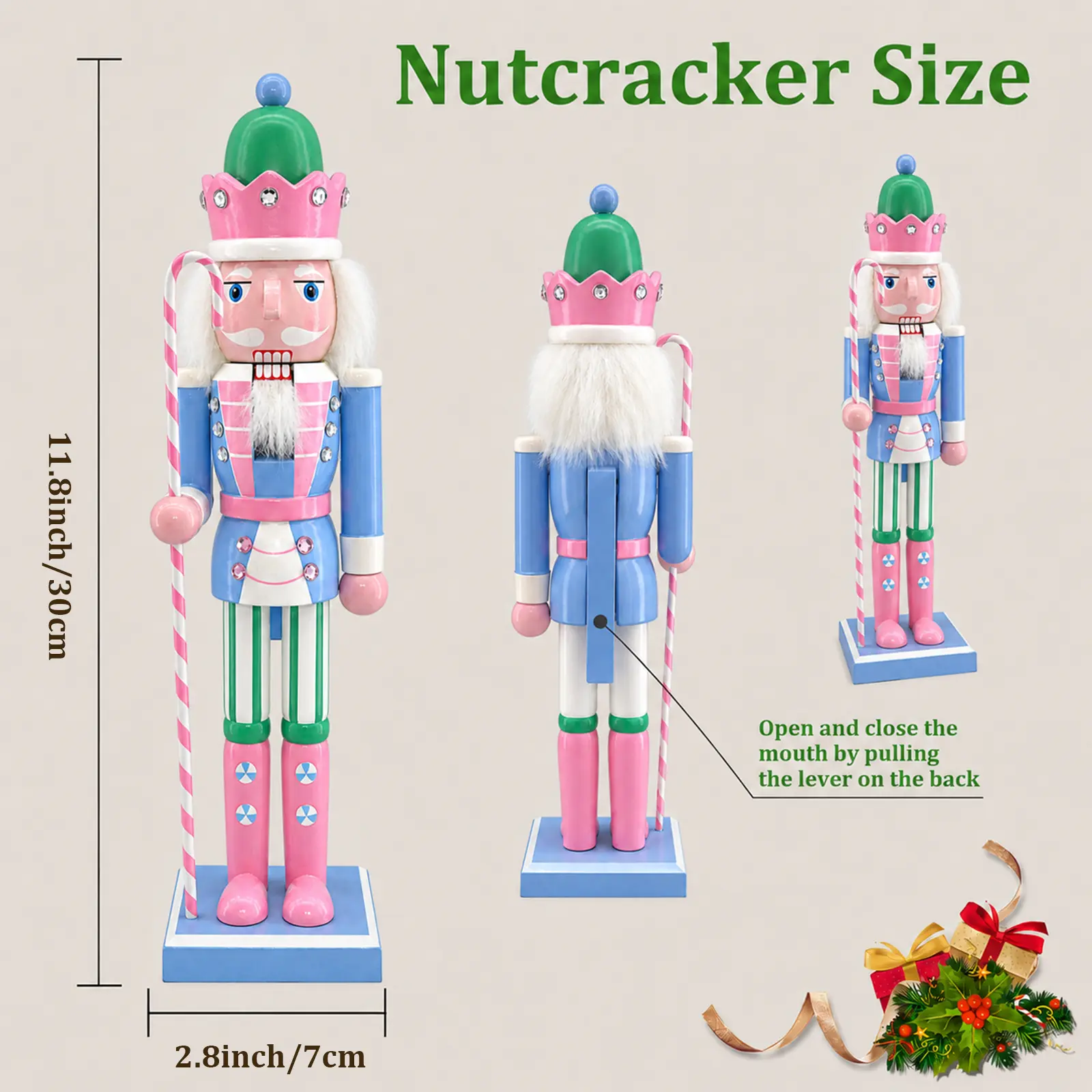 Pink Wooden Autumn Harvest Nutcracker Figure, Thanksgiving Soldier Ornament with Turkey & Straw, Large Festive Home Decor for Table-Mantle Weatherproof