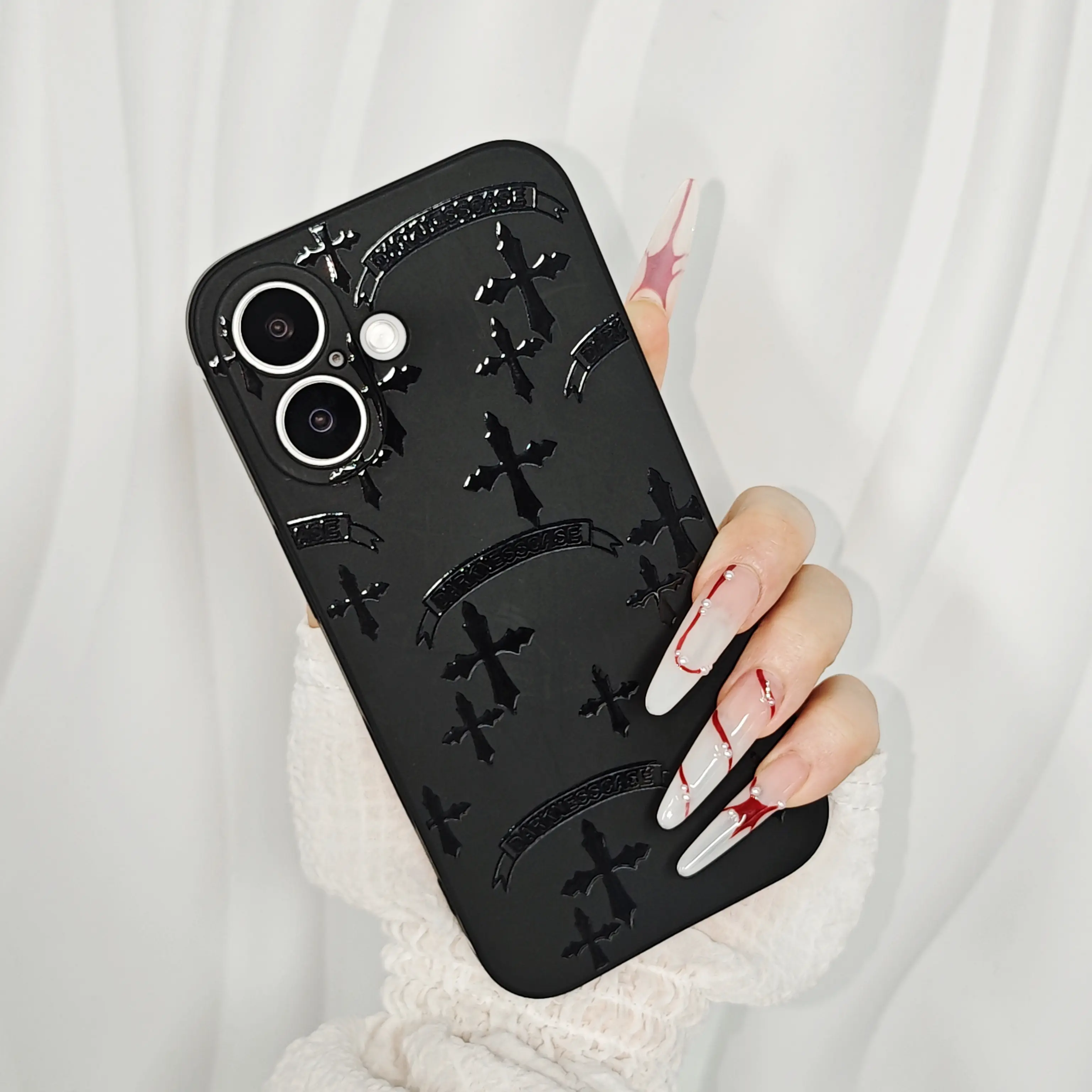 Aesthetic Blessing Cross Jesus Christ Gothic Style Design iPhone 16/15/14/13/12/11/ProMax/Pro/Plus Case Suitable for All Ages and Genders Full Camera Protection Form-Fitting Design Soft TPU Shock-Absorbing Case - Black Cellphone Protector