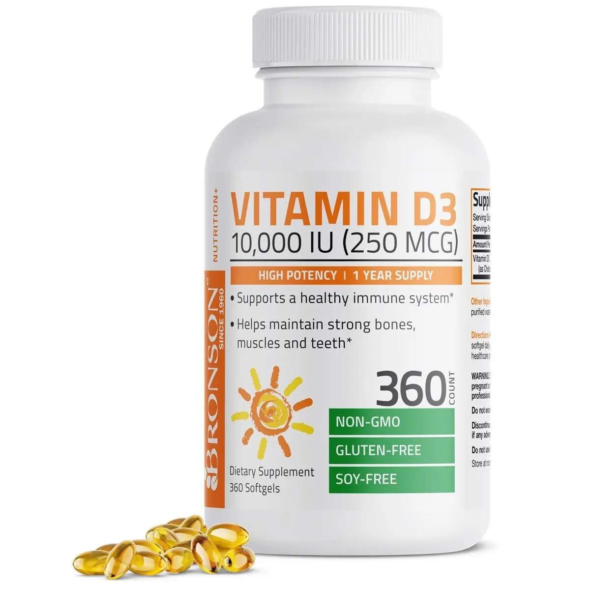 Bronson Vitamin D3 10,000 IU (250 mcg) High Potency - Supports Healthy Immune System, Strong Bones, Muscles & Teeth - Non GMO Healthcare Fitness Supplement Edible