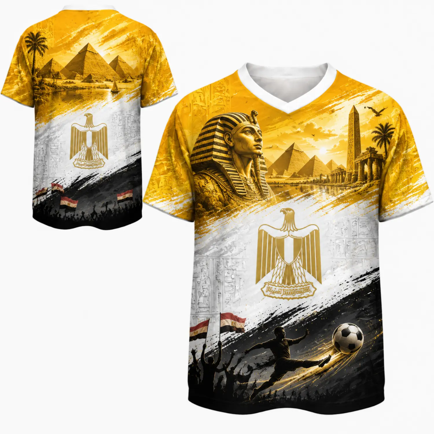 Egyptian Pharaoh and Pyramid Inspired Vintage Yellow Soccer Jersey - Retro Graphic Football Shirt with V-Neck for Fans & Supporters