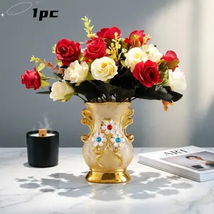 1PC Premium Light-Luxury Gold Porcelain Vase & Exquisite Artificial Floral Decor Set - 0-50 cm, Plastic & Steel Construction, Photo-Worthy Home Decor for Modern Minimalist Dining Tables, Cozy Living Rooms