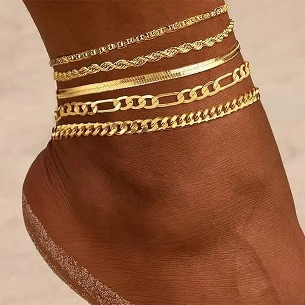 Loyalove 14K Gold Plated Ankle for Women Waterproof - Dainty Cuban Link Chain Herringbone Cute Anklets Set Pack Summer Beach Jewelry Gift for Women Gift For Mother's Day